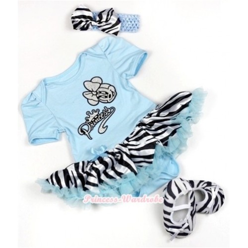 Light Blue Baby Jumpsuit Light Blue Zebra Pettiskirt With Sparkle White Minnie Princess Print With Light Blue Headband Zebra Satin Bow With Zebra Shoes JS830 