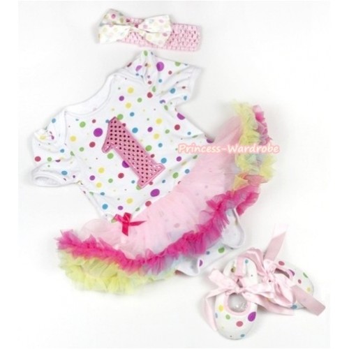 White Rainbow Dots Baby Jumpsuit Rainbow Pettiskirt With 1st Sparkle Light Pink Birthday Number Print With Light Pink Headband White Rainbow Dots Satin Bow With Light Pink Ribbon White Rainbow Dots Shoes JS833 