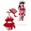 Red White Striped Bikni Swimming Suit with Swim Cap SW76 