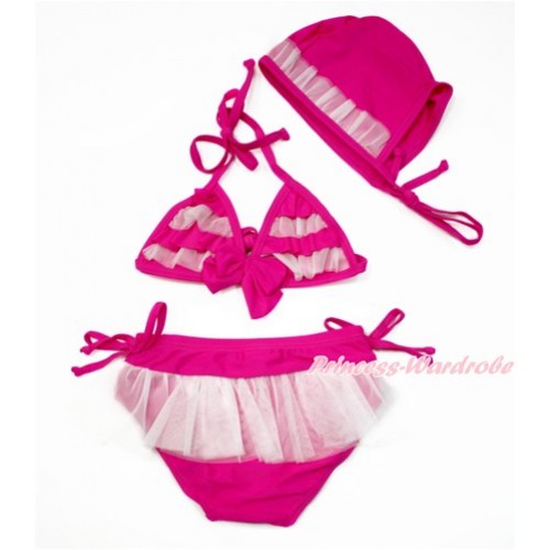 Hot Light Pink Ruffle Bikni Swimming Suit with Swim Cap SW77 
