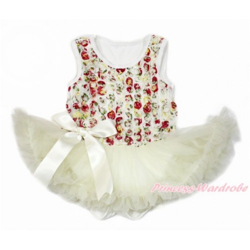 Valentine's Day Rainbow Romanatic Rose Baby Bodysuit Jumpsuit Cream White Pettiskirt & Cream White Bow JS3338 