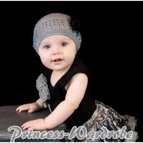 Black Tank Top with Bunch of Grey Rosettes and Grey Bow TB69 