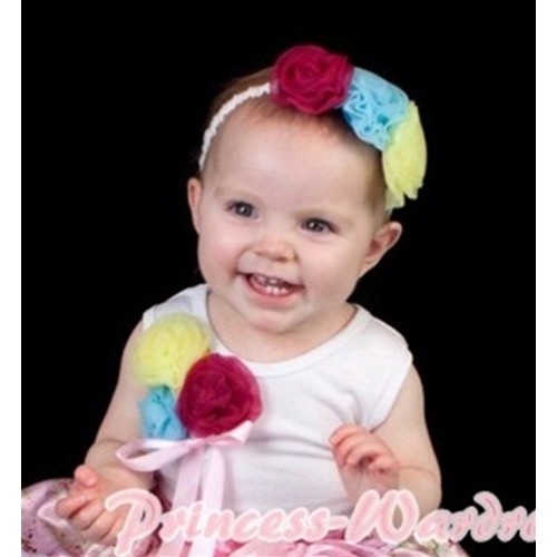 White Tank Top with Bunch of Yellow Blue Wine Red Rosettes and Light Pink Bow TB168 