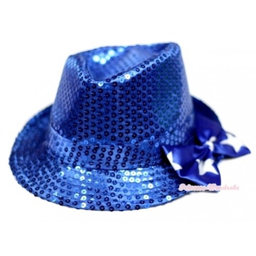 Sparkle Sequin Royal Blue Jazz Hat With Patriotic American Stars Satin Bow H674 