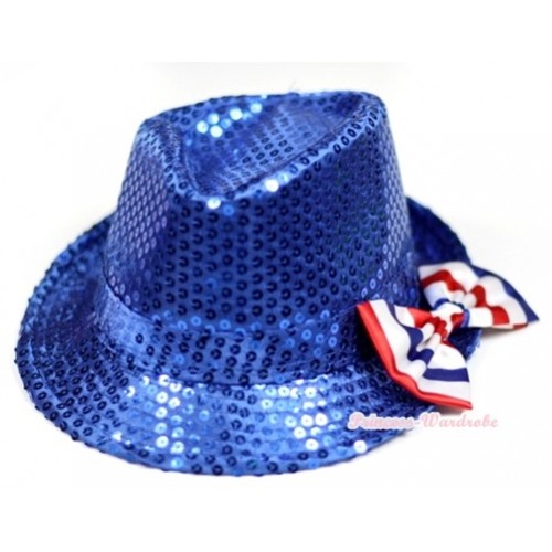 Sparkle Sequin Royal Blue Jazz Hat With Red White Royal Blue Striped Satin Bow H675 