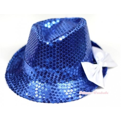 Sparkle Sequin Royal Blue Jazz Hat With White Satin Bow H676 