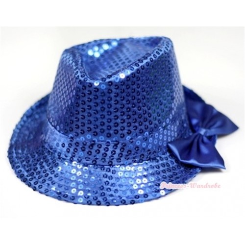 Sparkle Sequin Royal Blue Jazz Hat With Royal Blue Satin Bow H677 