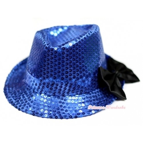 Sparkle Sequin Royal Blue Jazz Hat With Black Satin Bow H679 