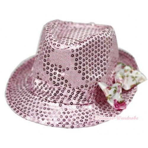 Sparkle Sequin Light Pink Jazz Hat With Light Pink Rose Fusion Satin Bow H688 