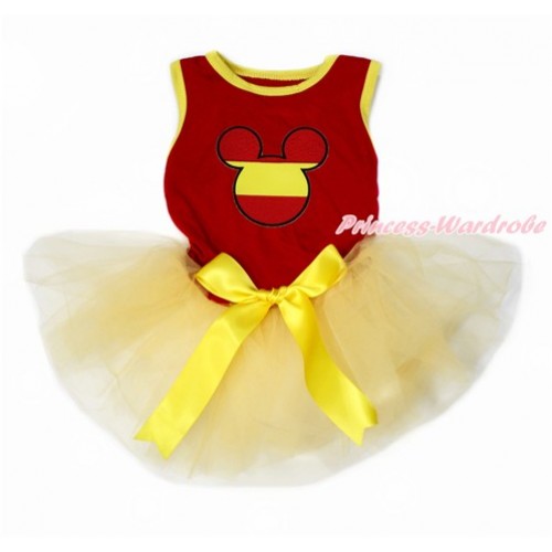 World Cup Spain Red Sleeveless Yellow Gauze Skirt With Spain Minnie Print With Yellow Bow Pet Dress DC171 