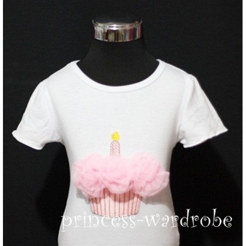 White Birthday Cake Short Sleeves Top with Light Pink Rosettes TS02 