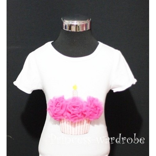 White Birthday Cake Short Sleeves Top with Hot Pink Rosettes TS06 