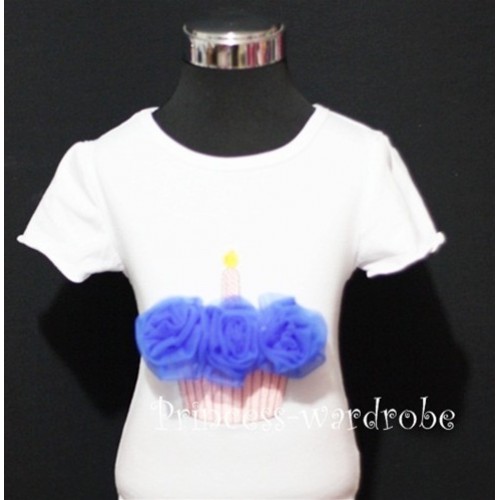 White Birthday Cake Short Sleeves Top with Royal Blue Rosettes TS08 