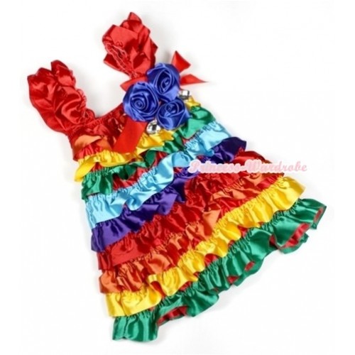 Passion Rainbow Satin Ruffles Layer One Piece Dress With Cap Sleeve With Red Bow & Bunch Of Royal Blue Satin Rosettes & Crystal RD004 