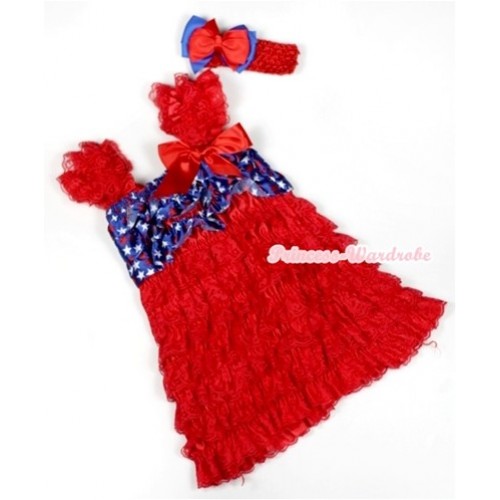 Hot Red Patriotic American Stars Lace Ruffles Layer One Piece Dress With Cap Sleeve With Red Bow With Red Headband Red Royal Blue Ribbon Bow RD007 