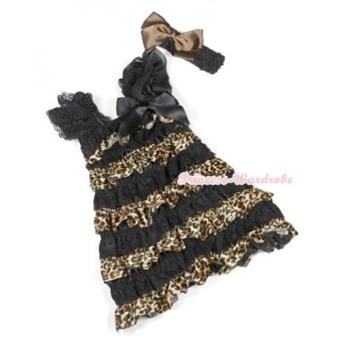 Black Leopard Lace Ruffles Layer One Piece Dress With Cap Sleeve With Black Bow With Black Headband Brown Silk Bow RD009 