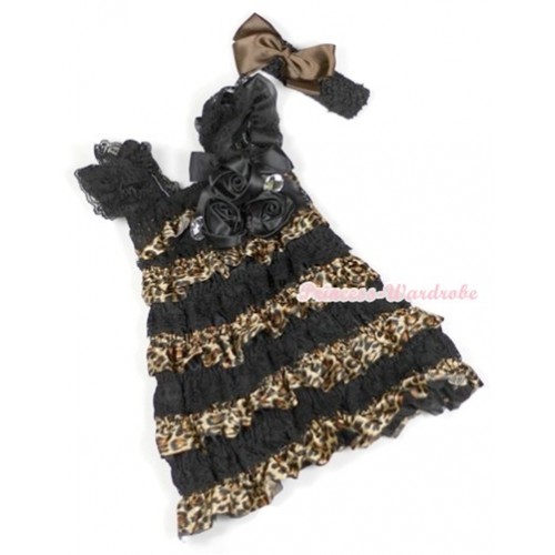 Black Leopard Lace Ruffles Layer One Piece Dress With Cap Sleeve With Black Bow & Bunch Of Black Satin Rosettes & Crystal With Black Headband Brown Silk Bow RD012 