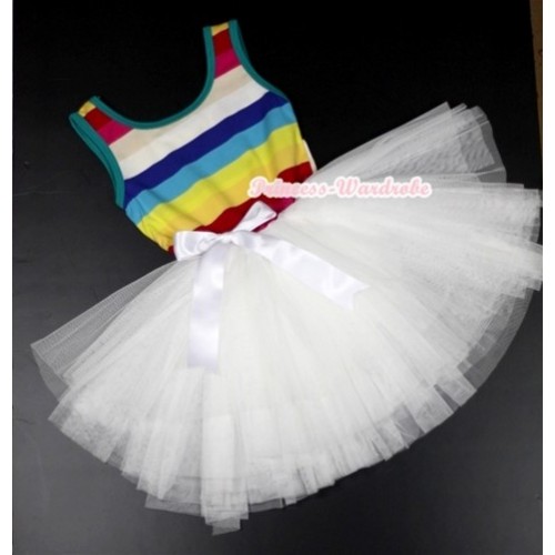 Rainbow Striped Top White Chiffon Ballet Tutu Wedding Party Dress PD042 