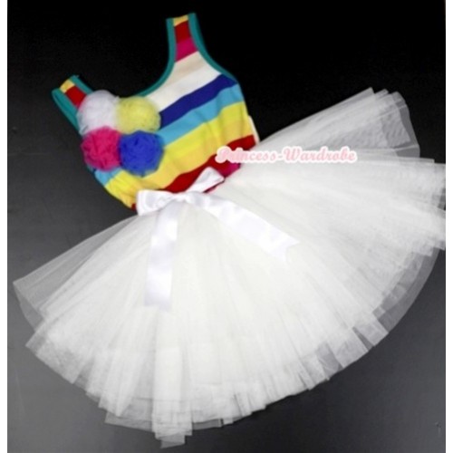 Rainbow Striped Top White Chiffon Ballet Tutu Wedding Party Dress With Bunch Of White Hot Pink Yellow Royal Blue Rosettes PD042-1 