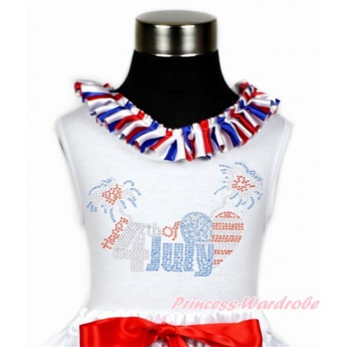 4th July White Tank Tops with Red White Royal Blue Striped Satin Lacing with Sparkle Crystal Bling Rhinestone 4th July Patriotic American Heart Print TB792 