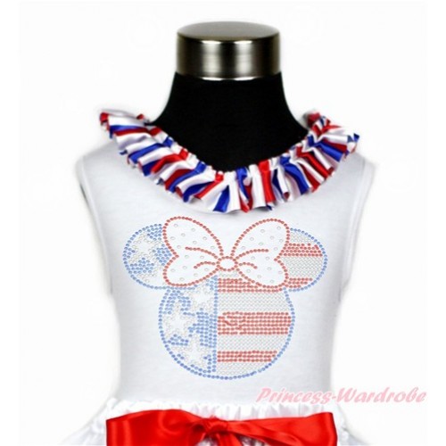 4th July White Tank Tops with Red White Royal Blue Striped Satin Lacing with Sparkle Crystal Bling Rhinestone 4th July Minnie Print TB793 