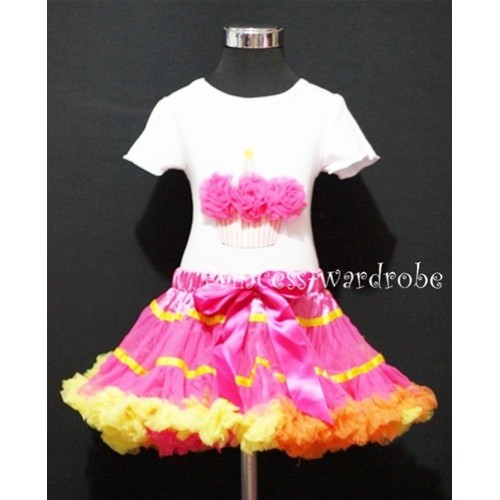 Hot Pink Orange Trim Pettiskirt With White Birthday Cake Short Sleeves Top with Hot Pink Rosettes SC05 