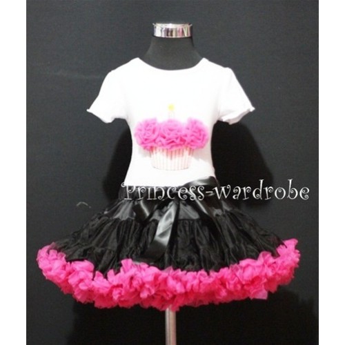 Black and Hot Pink Pettiskirt With White Birthday Cake Short Sleeves Top with Hot Pink Rosette 