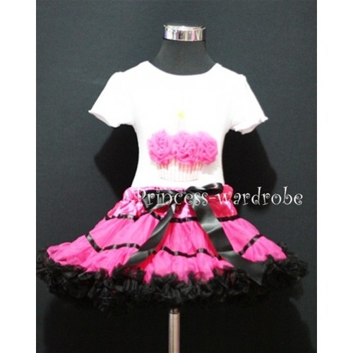 Hot Pink and Black Trim Pettiskirt With White Birthday Cake Short Sleeves Top with Hot Pink Rosette SC09 