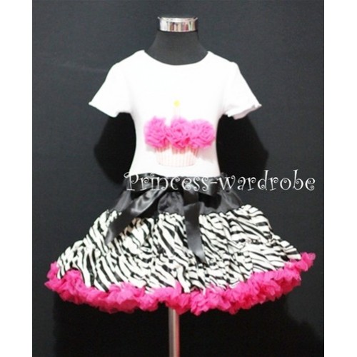 Hot Pink Zebra Pettiskirt With White Birthday Cake Short Sleeves Top with Hot Pink Rosettes SC11 