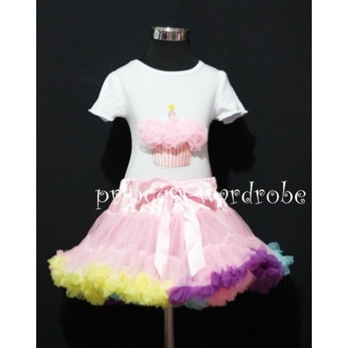 Light Pink Rainbow Pettiskirt With White Birthday Cake Short Sleeves Top with Light Pink Rosette SC28 
