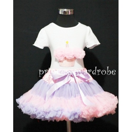 Light Pink Lavender Multi-Colored Pettiskirt With White Birthday Cake Short Sleeves Top with Light Pink Rosette SC25 