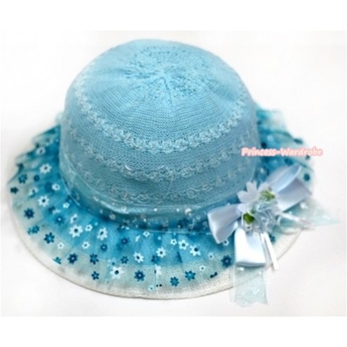 Light Blue Floral Pattern With Cute Bow Summer Beach Straw Hat H692 