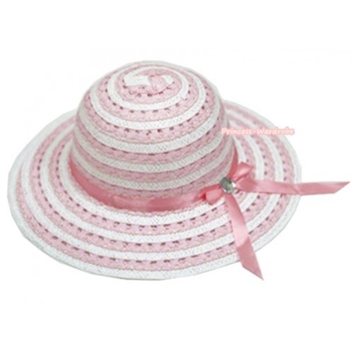 Light Pink White Striped With Light Pink Crytsal Bow Summer Beach Straw Hat H695 
