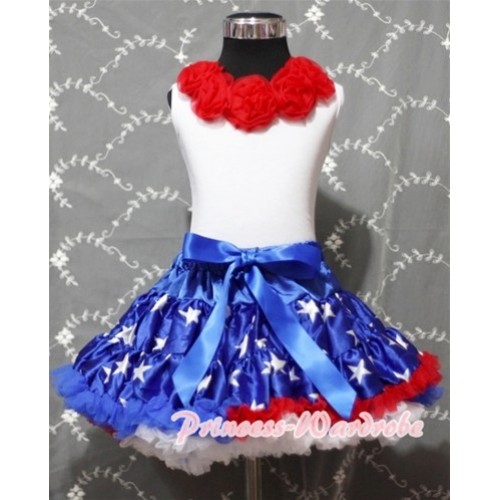 White Tank Tops with Red Rosettes & Patriotic America Star Pettiskirt MG68 