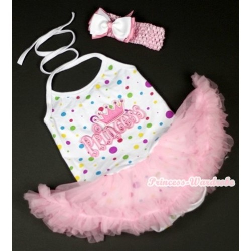White Rainbow Dots Baby Halter Jumpsuit Light Pink Pettiskirt With Princess Print With Light Pink Headband White & Light Pink White Dots Ribbon Bow JS858 