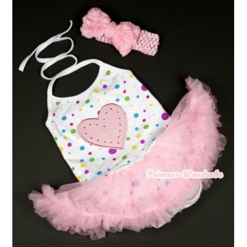 White Rainbow Dots Baby Halter Jumpsuit Light Pink Pettiskirt With Light Pink Heart Print With Light Pink Headband Light Pink Romantic Rose Bow JS862 