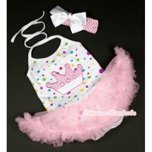 White Rainbow Dots Baby Halter Jumpsuit Light Pink Pettiskirt With Crown Print With Light Pink Headband White Silk Bow JS863 