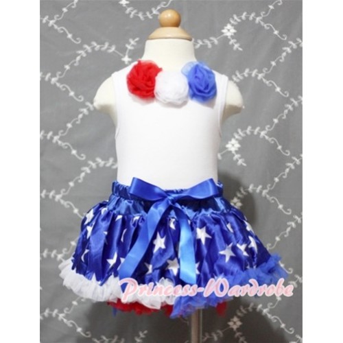White Baby Pettitop & Red White Blue Rosettes with Patriotic America Star Baby Pettiskirt NG379 