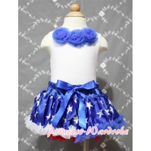 White Baby Pettitop & Royal Blue Rosettes with Patriotic America Star Baby Pettiskirt NG380 