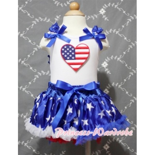 White Baby Pettitop & Patriotic America Flag Heart & Blue Star Ruffles & Royal Blue Bows with Patriotic America Star Baby Pettiskirt NG391 