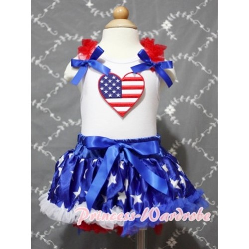 White Baby Pettitop & Patriotic America Flag Heart & Red Ruffles & Royal Blue Bows with Patriotic America Star Baby Pettiskirt NG392 