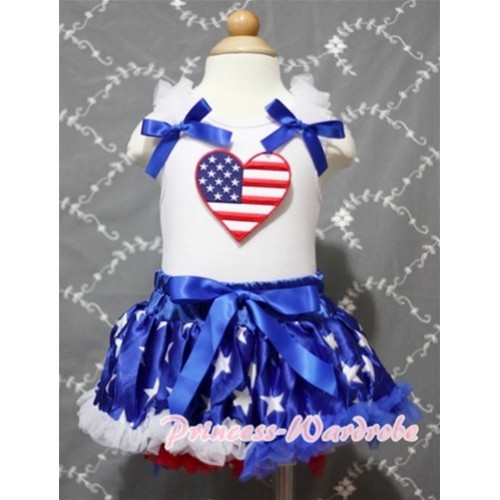 White Baby Pettitop & Patriotic America Flag Heart & White Ruffles & Royal Blue Bows with Patriotic America Star Baby Pettiskirt NG393 