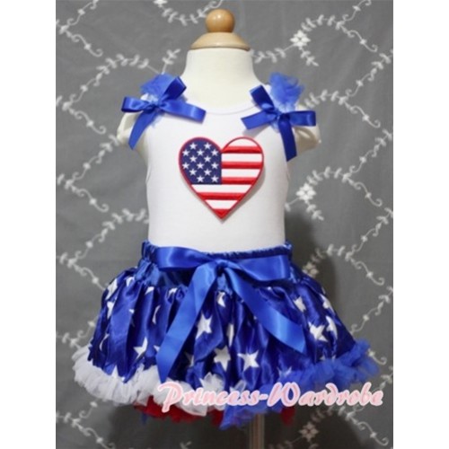White Baby Pettitop & Patriotic America Flag Heart & Royal Blue Ruffles & Royal Blue Bows with Patriotic America Star Baby Pettiskirt NG394 