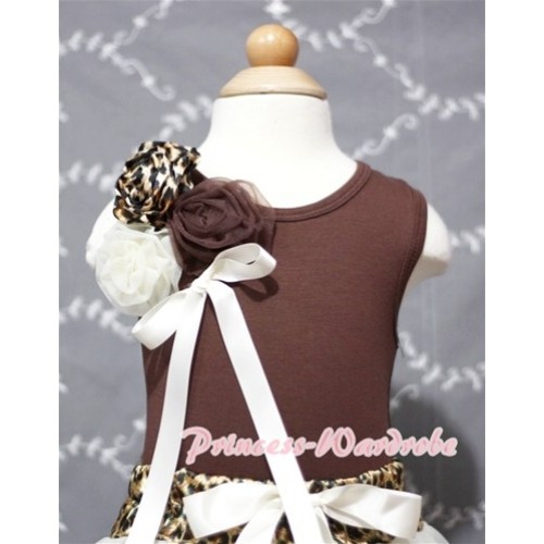 Brown Tank Top with a Bunch of Leopard Cream White Brown Rosettes and Cream White Bow TM197 