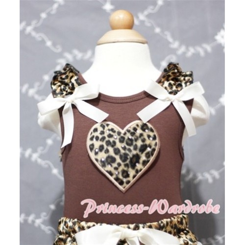 Leopard Heart Print Brown Tank Top with Leopard Ruffles Cream White Bows TM199 