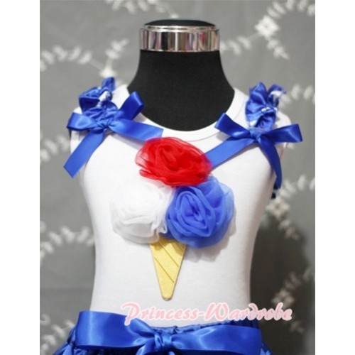 Red White Blue Rosettes Ice-cream White Tank Top with Blue Star Ruffles Royal Blue Bows TM200 