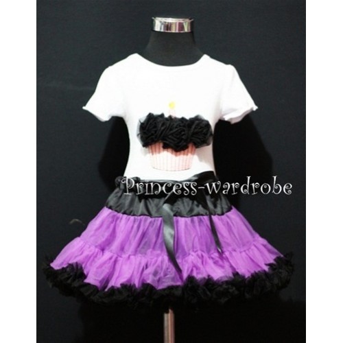 Black and Dark Purple Pettiskirt With White Birthday Cake Short Sleeves Top with Black Rosettes SC56 