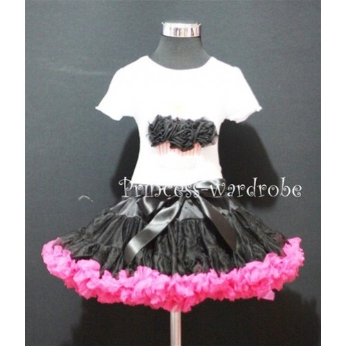 Black and Hot Pink Pettiskirt With White Birthday Cake Short Sleeves Top with Black Rosettes SC57 