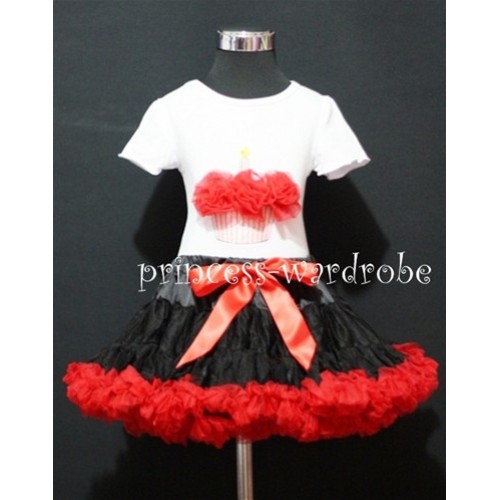 Black and Red Pettiskirt With White Birthday Cake Short Sleeves Top with Red Rosettes SC61 
