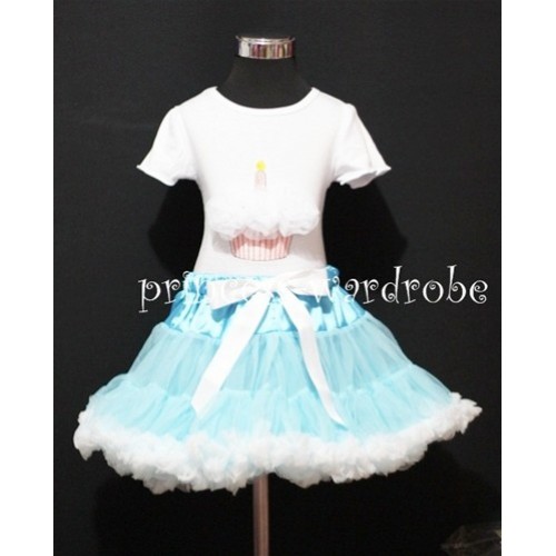 Light Blue and White Pettiskirt With White Birthday Cake Short Sleeves Top with White Rosettes SC74 